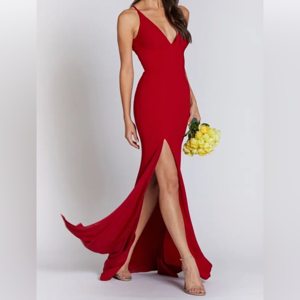 NWT Dress the Population 'Iris' Garnet Red Side Slit Crepe Gown, X-Large - Picture 3 of 6